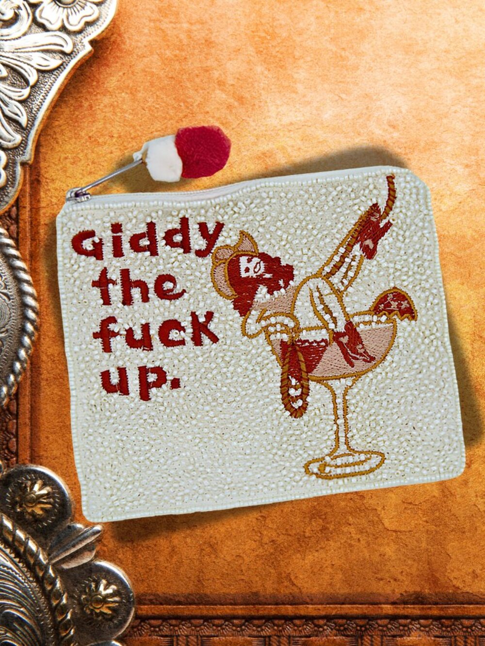 Giddy Up Beaded Pouch Pom-Pom Zippered Storage Makeup Western Fun Gift Money Bag